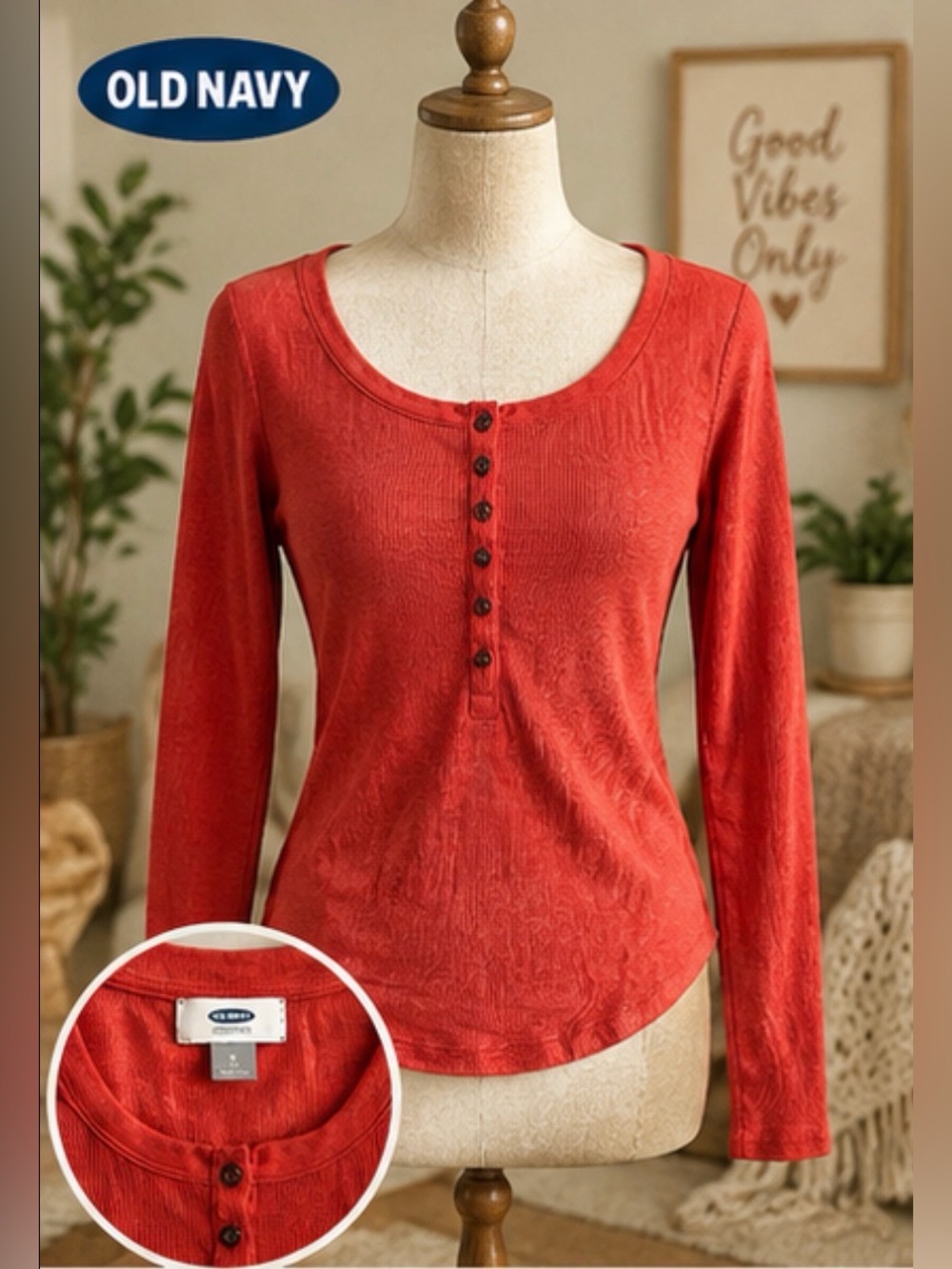 Old Navy Red Long-Sleeve Henley Top with Button Placket